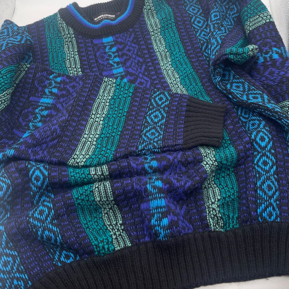 80s Expressions International Sweater Men Large Blue Chunky Grandpa Colorful X
